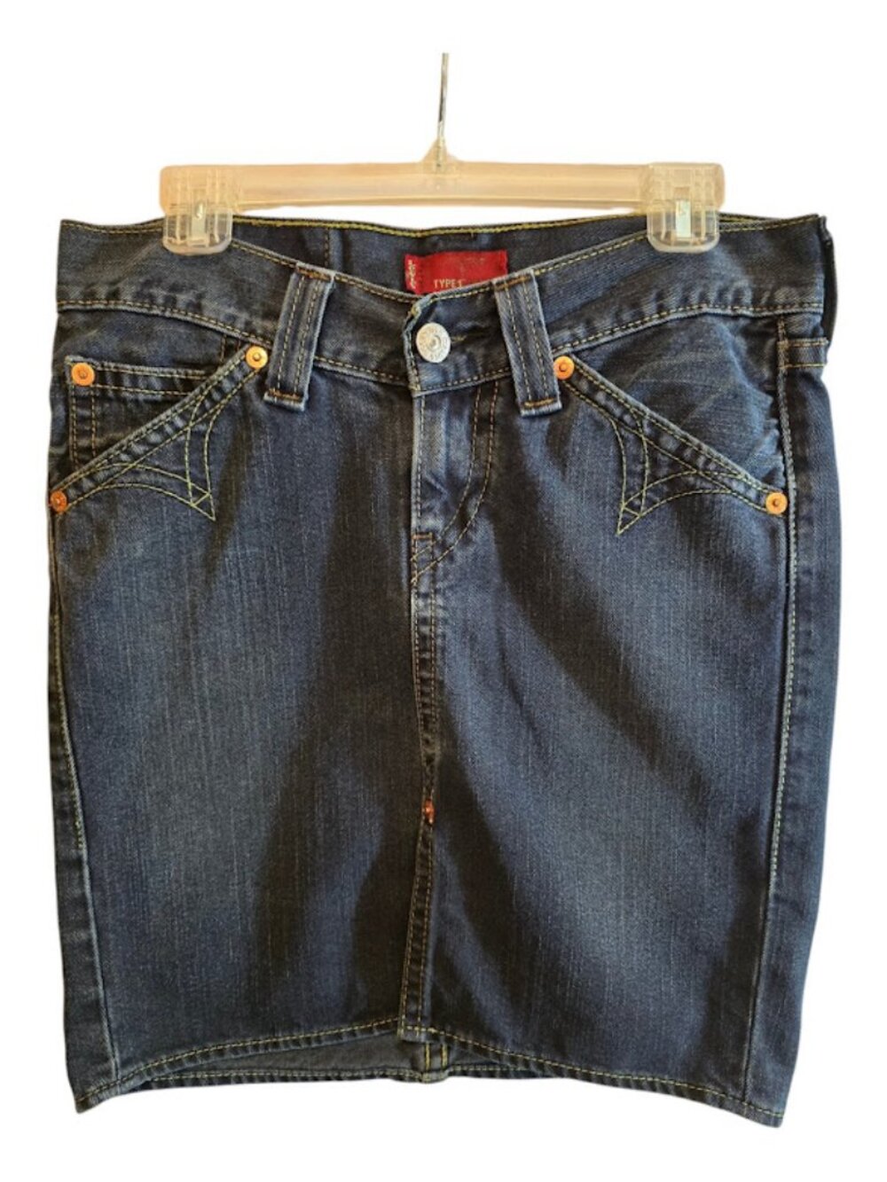 Cotton denim western skirt Levi's Type 1 dark wash medium front slit cowgirl